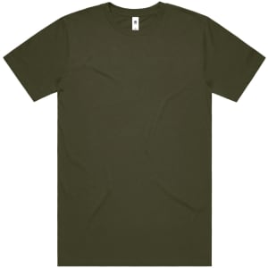 A plain olive green t-shirt featuring a logo in the neckline area. Short sleeves and a classic fit.