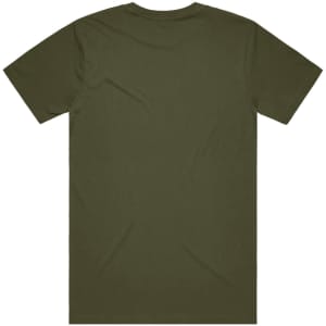 A plain olive green T-shirt with a simple design and no visible branding or logos on the back.