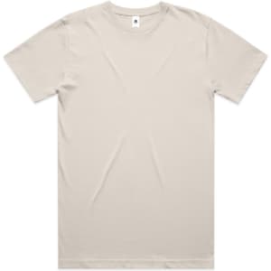 A light beige Block Tubular Tee t-shirt featuring a crew neckline and short sleeves, with a logo on the label.