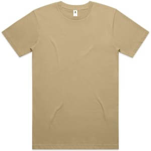 A beige Block Tubular Tee featuring a classic crew neck and short sleeves. The shirt includes a brand logo.