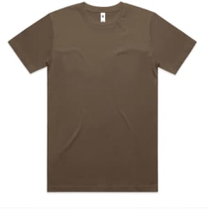 A brown block tubular tee with a classic crew neck design and short sleeves. Features a branding label.