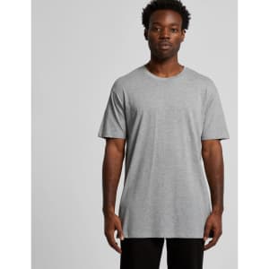 A grey basic t-shirt with short sleeves, featuring a plain design and a logo on the chest.