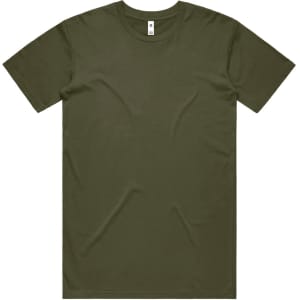 A plain olive green T-shirt with short sleeves, featuring a standard crew neck and a logo on the inside label.