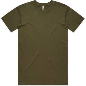 An olive green basic t-shirt with a classic crew neck and short sleeves. It features a brand logo.