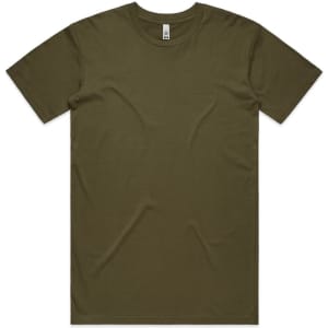 An olive green t-shirt featuring a classic crew neck design and short sleeves, with a small logo on the label.