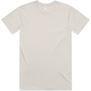 A light beige basic tee t-shirt, featuring a simple design and a tag at the neckline.