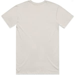 A plain beige t-shirt with a crew neck and short sleeves, featuring a logo on the back.