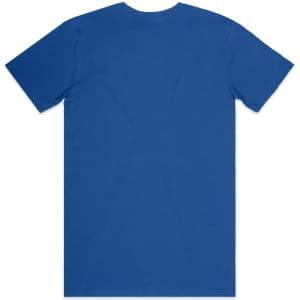 A blue basic tee with short sleeves and a plain back. It features a logo.