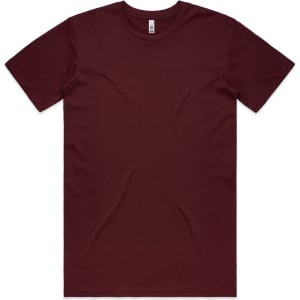 A burgundy Basic Tee T-shirt with a crew neck and short sleeves, featuring a logo on the tag.
