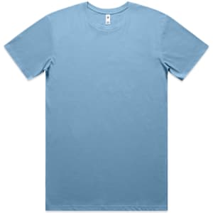 A light blue basic t-shirt with short sleeves, featuring a neck tag and a logo.