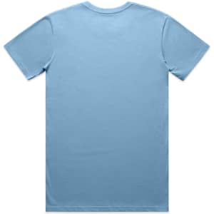 A light blue basic t-shirt featuring a logo on the back, displayed flat against a white background.