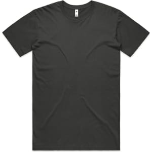 A plain black T-shirt with short sleeves and a round neckline, featuring a logo.