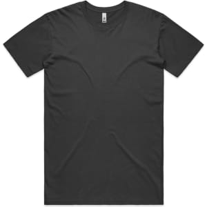 A plain dark grey T-shirt with a round neck and short sleeves. It features a logo at the neck area.