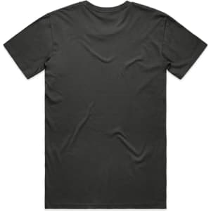A dark grey t-shirt featuring a plain back design and a logo. Suitable for casual wear.