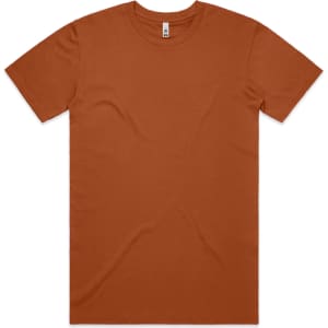 A plain orange T-shirt with short sleeves and a crew neckline, featuring a logo label inside.