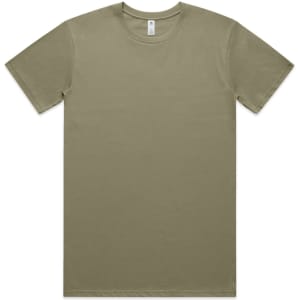 A plain olive green T-shirt with short sleeves and a crew neckline, featuring a label and no visible branding.