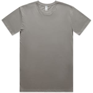 A plain olive green T-shirt with a round neckline and short sleeves, displaying a label and a branding logo.