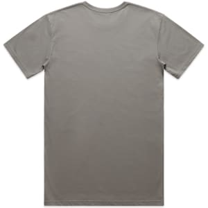 A plain grey basic tee with short sleeves and a crew neckline, featuring a logo on the back.