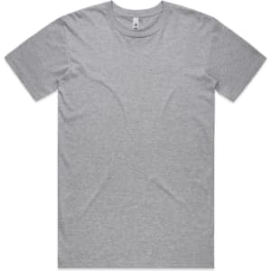 A grey basic T-shirt featuring a crew neck and short sleeves. The shirt has a logo tag.
