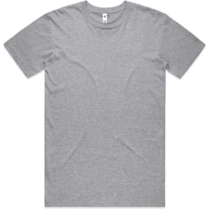 A grey basic t-shirt with a round neckline and short sleeves, featuring a logo near the collar.