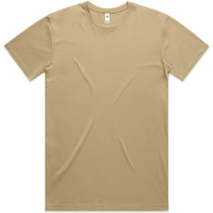 A plain beige T-shirt with a round neckline and short sleeves, featuring a logo.