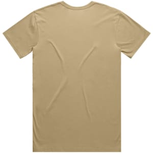 A plain beige T-shirt with a back view, featuring a smooth fabric texture. The shirt has a logo on a tag.
