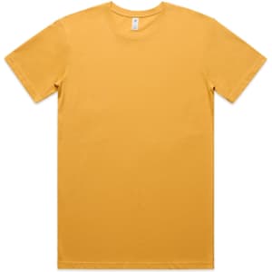 A plain yellow t-shirt displayed flat with short sleeves and a crew neckline, featuring a brand label.