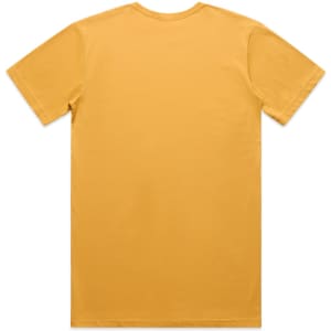 A plain yellow t-shirt with a round neck and short sleeves, featuring a logo on the back.