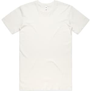 A plain cream basic tee, featuring a round neck and short sleeves, with a small logo on the label.