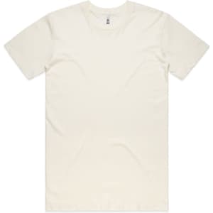 A plain cream t-shirt with short sleeves and a crew neckline, featuring a small logo.