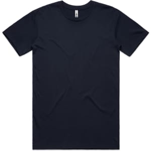 A navy basic t-shirt featuring a crew neck and short sleeves, with a label on the neckline.