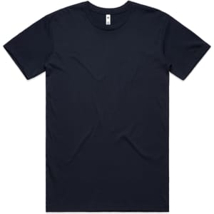 A navy basic t-shirt featuring a crew neck design and a tag in the neckline. The shirt has a plain appearance.