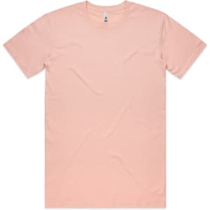 A plain pink t-shirt with short sleeves and a round neckline, featuring a small logo on the label.