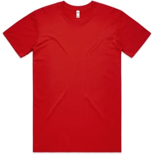 A red basic t-shirt with short sleeves and a crew neck. It features a logo on the label.