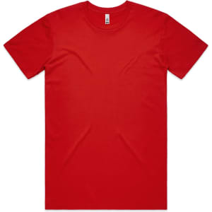 A red basic tee shirt with short sleeves and a crew neckline. It features a brand label at the neck.