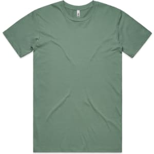 A plain green T-shirt displayed flat, featuring short sleeves and a round neckline. It has a small logo tag.