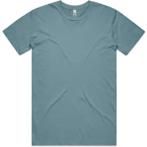 A light teal t-shirt featuring a crew neck and short sleeves, with a logo on the label.