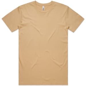 A plain short-sleeve t-shirt in a sandy beige colour, featuring a logo on the label.