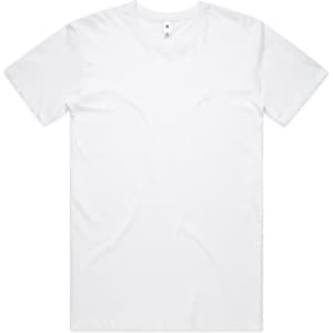 A plain white t-shirt with a round neckline and short sleeves, featuring a logo in the neckline.