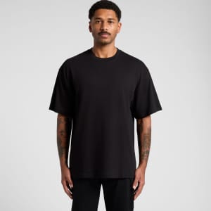 An oversized t-shirt in black, featuring a relaxed fit and short sleeves, with a branding logo.