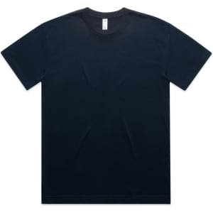 An oversized tee in navy blue, featuring a simple design with a neckline and short sleeves. It has a logo on the label.
