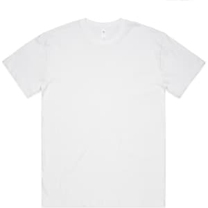 A white oversized tee with a round neckline and short sleeves. It has a logo on the label.