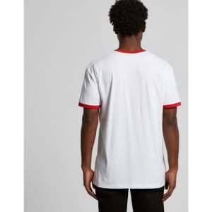 A white T-shirt with red trim on the collar and sleeves, featuring a simple design and no visible logos.