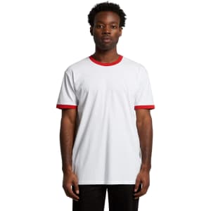 A white t-shirt with red ringer sleeves and neck trim. It features a logo on the chest area.