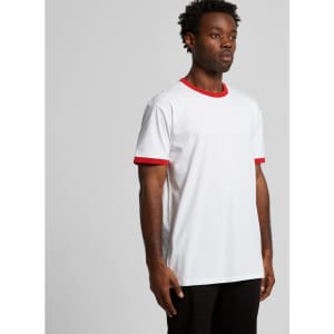 A white t-shirt with red trim and short sleeves. It features a logo on the front.