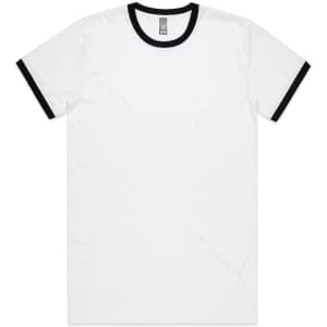 A white T-shirt with black collar and sleeve trims. The shirt features a small logo on the label.