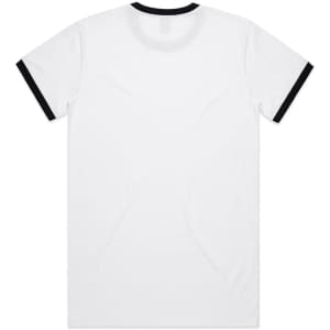 A white T-shirt featuring black contrast trim at the collar and sleeves, with a branding logo on the back.