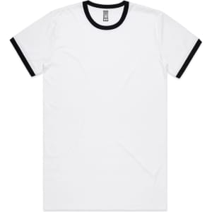 A white t-shirt with black contrasting sleeves and neckline, featuring a logo on the tag.