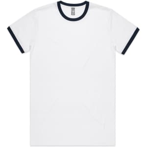 A white T-shirt with a navy blue ribbed collar and sleeve cuffs. It features a logo at the neck.