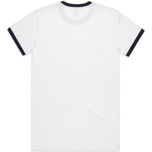 A white T-shirt featuring a navy blue trim around the collar and sleeves, with a logo present.
